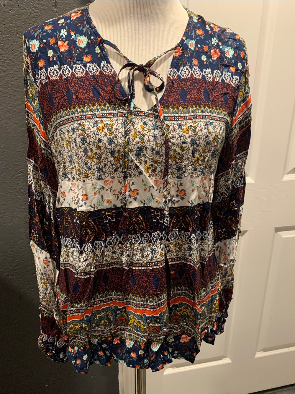 Emily Rose Navy Multi Floral Patchwork Tie-Neck Blouse